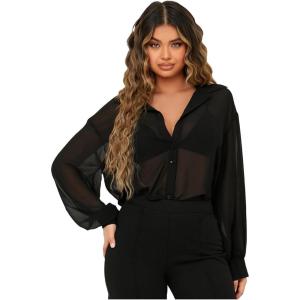 imageFloerns Womens Sheer Mesh Button Up Short Sleeve Shirt See Through Blouse TopsBlack Solid