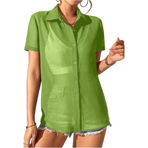 imageFloerns Womens Sheer Mesh Button Up Short Sleeve Shirt See Through Blouse TopsGreen Plain
