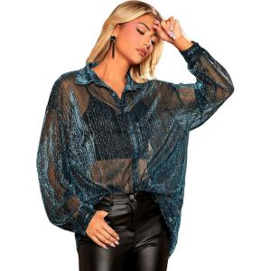 imageFloerns Womens Sheer Mesh Button Up Short Sleeve Shirt See Through Blouse TopsTeal Blue