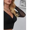 imageFloerns Womens Wrap V Neck Sheer Mesh Long Sleeve Crop Tee Tops Black L