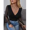 imageFloerns Womens Wrap V Neck Sheer Mesh Long Sleeve Crop Tee Tops Black L