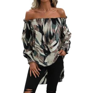 imageFloerns Womens Leopard Print Off Shoulder Long Sleeve High Low Blouses TopsGreen Multi