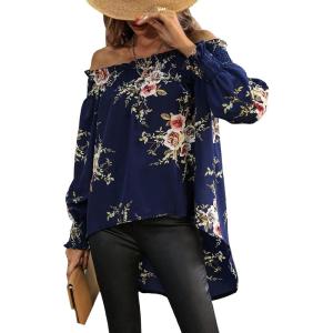 imageFloerns Womens Leopard Print Off Shoulder Long Sleeve High Low Blouses TopsNavy Blue