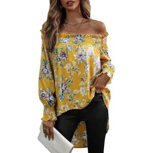 imageFloerns Womens Leopard Print Off Shoulder Long Sleeve High Low Blouses TopsYellow Flower