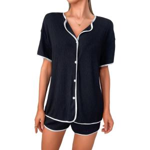 imageFloerns Womens Notch Collar Short Sleeve Sleepwear Two Piece Pajama SetBlack Dull