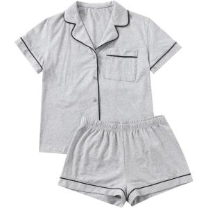 imageFloerns Womens Notch Collar Short Sleeve Sleepwear Two Piece Pajama SetGrey Solid