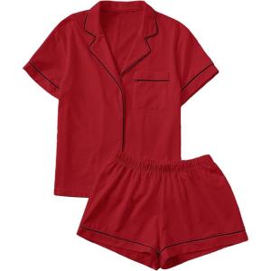 imageFloerns Womens Notch Collar Short Sleeve Sleepwear Two Piece Pajama SetRed Solid