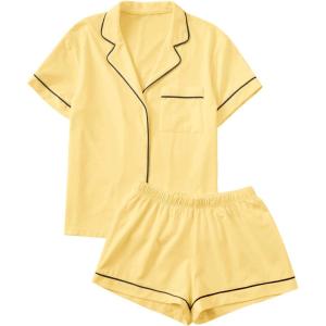 imageFloerns Womens Notch Collar Short Sleeve Sleepwear Two Piece Pajama SetYellow Solid