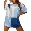 imageFloerns WomenS Colorblock Stitching Trim Short Sleeve Crew Neck Loose TShirt TopBlue Multi