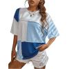 imageFloerns WomenS Colorblock Stitching Trim Short Sleeve Crew Neck Loose TShirt TopBlue Multi