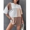 imageFloerns WomenS Colorblock Stitching Trim Short Sleeve Crew Neck Loose TShirt TopLight Brown