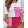 imageFloerns WomenS Colorblock Stitching Trim Short Sleeve Crew Neck Loose TShirt TopPink