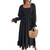 imageFloerns Womens Boho Square Neck Smocked Long Puff Sleeve A Line Maxi DressBlack Solid