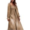 imageFloerns Womens Boho Square Neck Smocked Long Puff Sleeve A Line Maxi DressKhaki