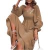 imageFloerns Womens Boho Square Neck Smocked Long Puff Sleeve A Line Maxi DressKhaki