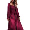 imageFloerns Womens Boho Square Neck Smocked Long Puff Sleeve A Line Maxi DressWine Red