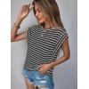 imageFloerns Womens Casual Stripe Print Cap Sleeve T Shirts Round Neck TeeBlack and White