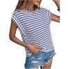 imageFloerns Womens Casual Stripe Print Cap Sleeve T Shirts Round Neck TeeBlue White