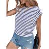imageFloerns Womens Casual Stripe Print Cap Sleeve T Shirts Round Neck TeeBlue White