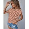imageFloerns Womens Casual Stripe Print Cap Sleeve T Shirts Round Neck TeeBrown White