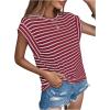 imageFloerns Womens Casual Stripe Print Cap Sleeve T Shirts Round Neck TeeBurgundy