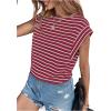 imageFloerns Womens Casual Stripe Print Cap Sleeve T Shirts Round Neck TeeBurgundy
