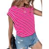 imageFloerns Womens Casual Stripe Print Cap Sleeve T Shirts Round Neck TeeHot Pink White