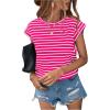 imageFloerns Womens Casual Stripe Print Cap Sleeve T Shirts Round Neck TeeHot Pink White