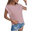 imageFloerns Womens Casual Stripe Print Cap Sleeve T Shirts Round Neck TeeRed and White