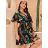 imageFloerns Womens Plus Size Tropical Print V Neck Short Sleeve Belted Short DressBlack Multi