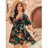 imageFloerns Womens Plus Size Tropical Print V Neck Short Sleeve Belted Short DressBlack Multi
