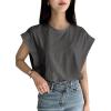 imageFloerns Womens Casual Stripe Print Cap Sleeve T Shirts Round Neck TeeDark Grey