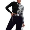 imageFloerns Womens Plaid Checkered Long Sleeve Mock Neck Crop Top Tee ShirtsBlack and White