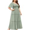 imageFloerns Womens Plus Size Short Sleeve Solid Boho Dress A Line Smocked Midi DressSolid Green
