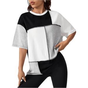 imageFloerns WomenS Colorblock Stitching Trim Short Sleeve Crew Neck Loose TShirt TopBlack and White