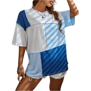 imageFloerns WomenS Colorblock Stitching Trim Short Sleeve Crew Neck Loose TShirt TopBlue Multi