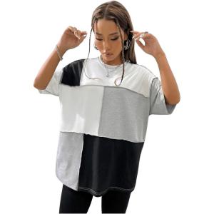 imageFloerns WomenS Colorblock Stitching Trim Short Sleeve Crew Neck Loose TShirt TopGrey Multi