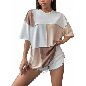 imageFloerns WomenS Colorblock Stitching Trim Short Sleeve Crew Neck Loose TShirt TopLight Brown