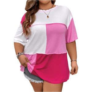 imageFloerns WomenS Colorblock Stitching Trim Short Sleeve Crew Neck Loose TShirt TopPink