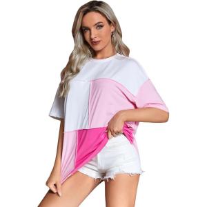 imageFloerns WomenS Colorblock Stitching Trim Short Sleeve Crew Neck Loose TShirt TopWhite and Pink
