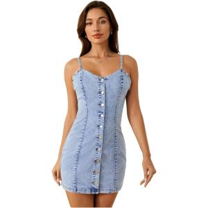imageFloerns Womens Adjustable Spaghetti Strap Button Up Mini Denim Bodycon DressBlue
