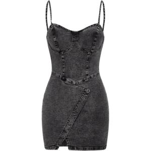 imageFloerns Womens Adjustable Spaghetti Strap Button Up Mini Denim Bodycon DressZ Black