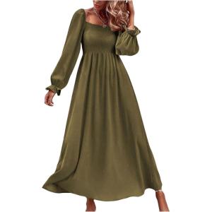 imageFloerns Womens Boho Square Neck Smocked Long Puff Sleeve A Line Maxi DressArmy Green