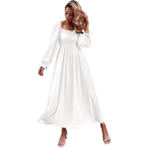 imageFloerns Womens Boho Square Neck Smocked Long Puff Sleeve A Line Maxi DressBeige White