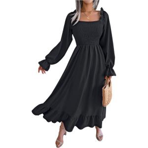 imageFloerns Womens Boho Square Neck Smocked Long Puff Sleeve A Line Maxi DressBlack Solid
