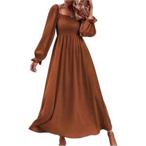 imageFloerns Womens Boho Square Neck Smocked Long Puff Sleeve A Line Maxi DressBrown