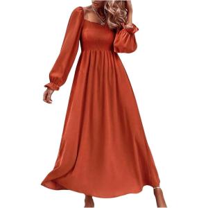 imageFloerns Womens Boho Square Neck Smocked Long Puff Sleeve A Line Maxi DressBurnt Orange