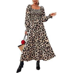imageFloerns Womens Boho Square Neck Smocked Long Puff Sleeve A Line Maxi DressCheetah