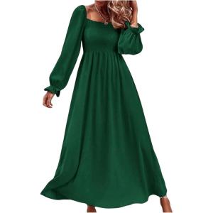 imageFloerns Womens Boho Square Neck Smocked Long Puff Sleeve A Line Maxi DressDark Green