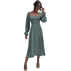 imageFloerns Womens Boho Square Neck Smocked Long Puff Sleeve A Line Maxi DressGreen